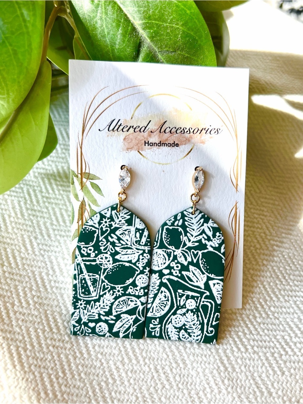 Dark Green Lemon Print Arch Earrings